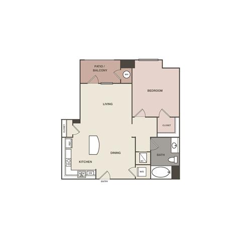 Floor plan for 1 bed, 1 bath, 803 sqft